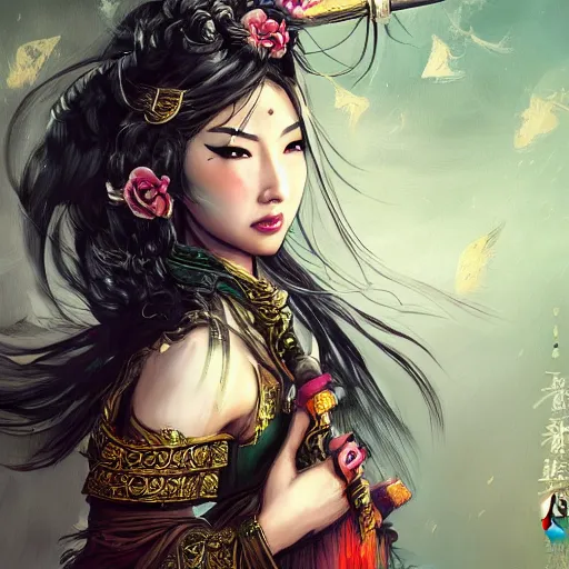 Prompt: An epic fantasy comic book style portrait painting of a gorgeous sword dance Chinese costume woman , by WLOP trending on artbreeder, long hair, smoke, feathers flying, flowers rain everywhere, full body XIANXIA, Chinese temple, depth of field by Yoji Shinkawa 4k