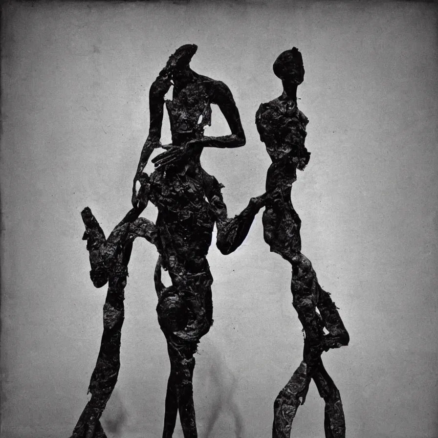 Image similar to extreme harsh lighting antique photograph of biomorphic surreal sculpture of a standing figure of a mourning survivor, made of black plaster and old circuitry and stained with charcoal, fractal 3 d structure, sculpted by alexander rodchenko and eva hesse, photographed by francesca woodman, tragic grainy high contrast shocking detail trending on artstation 8 k
