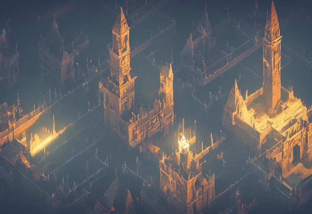 Prompt: isometric magicavoxel Bloodborne layered tower cinematic lighting, 4k