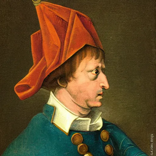 Image similar to a potrait of napoleon, in the style of Hieronymus Bosch.