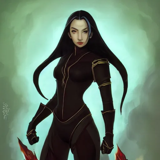 Image similar to Portrait of Azula wearing skintight black leather armor, Avatar the Last Airbender, Dungeons and Dragons, Lord of the Rings, intricate, elegant, highly detailed, digital painting, artstation, concept art, smooth, sharp focus, illustration, art by artgerm and greg rutkowski and alphonse mucha and andrei riabovitchev