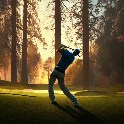 Prompt: close-up of an athletic golf player in a lush golf course, low angle, magical lights, golden hour, sunset, in front of a burning forest, smoke fire, digital painting, cinematic, 4k, forest ray light, particles light, Noah Bradley, ilya kuvshinov-H 768