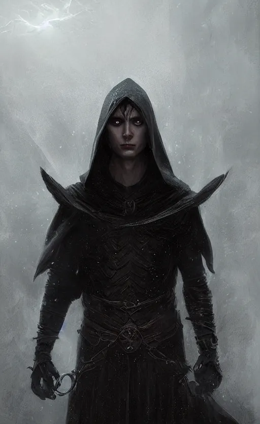 Image similar to Portrait of an elf in a black cloak, black hair, glowing eyes, male, detailed face, fantasy, highly detailed, cinematic lighting, digital art painting by greg rutkowski