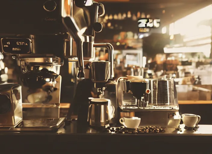 Image similar to a 2 8 mm macro photo from the back of a barista standing at the espresso machine in a cozy cafe, splash art, movie still, bokeh, canon 5 0 mm, cinematic lighting, dramatic, film, photography, golden hour, depth of field, award - winning, anamorphic lens flare, 8 k, hyper detailed, 3 5 mm film grain, hazy