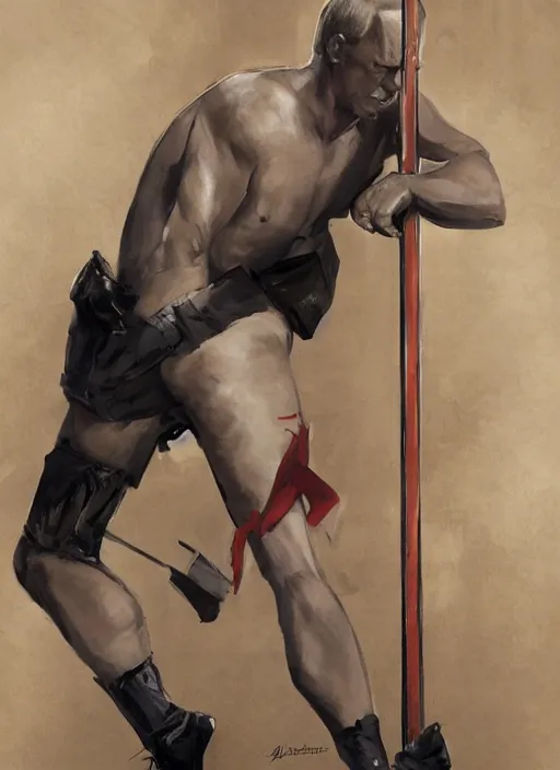 Image similar to a professional painting of vladimir putin, wearing in stocking, mesh shirt, in a strip club, dancing on a pole, elegant, digital painting, concept art, smooth, sharp focus, finely detailed illustration, beautifully framed, from Metal Gear, in the style of Artgerm and Greg Rutkowski and William-Adolphe Bouguerea