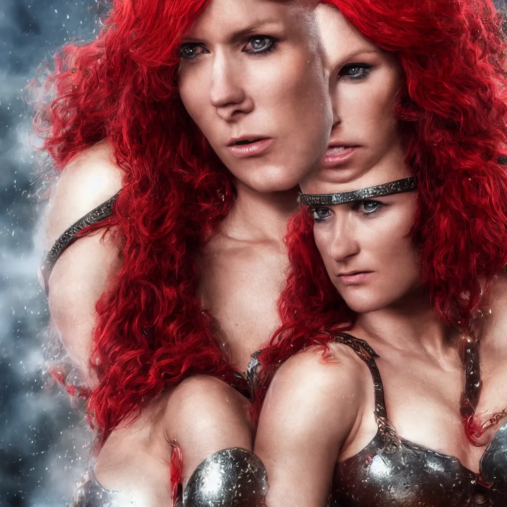 Image similar to hyper realistic photo of red sonja portrait, cinematic