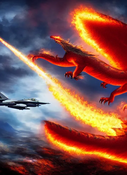 Prompt: a majestic firedragon creature fighting a fighter jet, 8 k, magic realism, beautiful composition