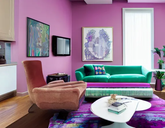 Prompt: apartment designed by nate berkus, vaporwave colors