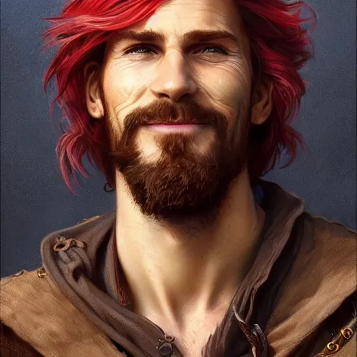 Image similar to portrait of a young ruggedly handsome but joyful pirate, male, masculine, nose ring, upper body, red hair, long hair, d & d, fantasy, joyful smirk, intricate, elegant, highly detailed, digital painting, artstation, concept art, matte, sharp focus, illustration, art by artgerm and greg rutkowski and alphonse mucha