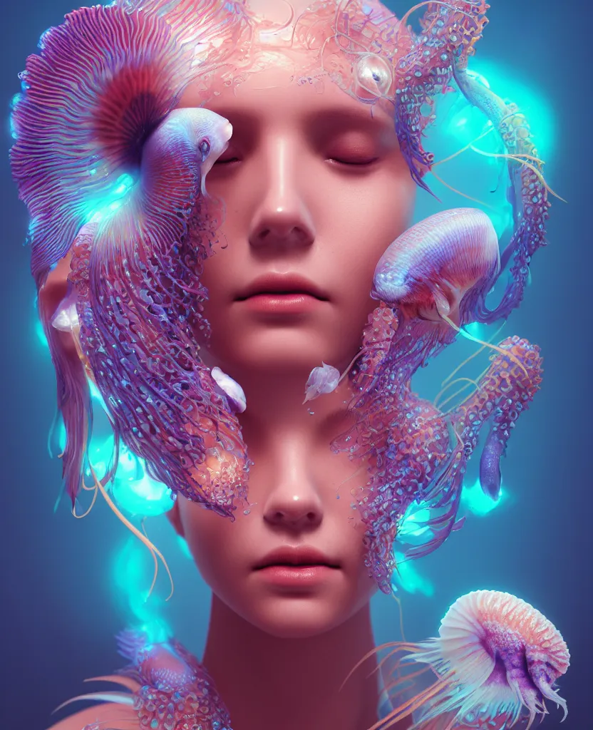 Image similar to goddess close-up portrait. jellyfish phoenix head, nautilus, orchid, skull, betta fish, bioluminiscent creatures, intricate artwork by Tooth Wu and wlop and beeple. octane render, trending on artstation, greg rutkowski very coherent symmetrical artwork. cinematic, hyper realism, high detail, octane render, 8k