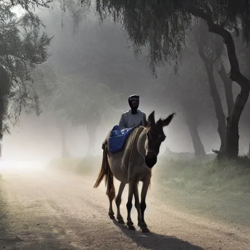 Prompt: an Arab riding a donkey and travelling to the Heavens, foggy vibe