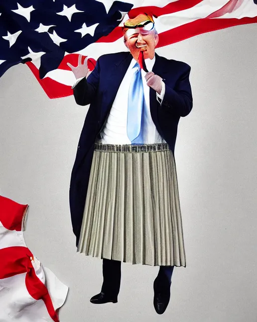Image similar to donald trump skirt flying up, by sam shaw, realistic, detailed
