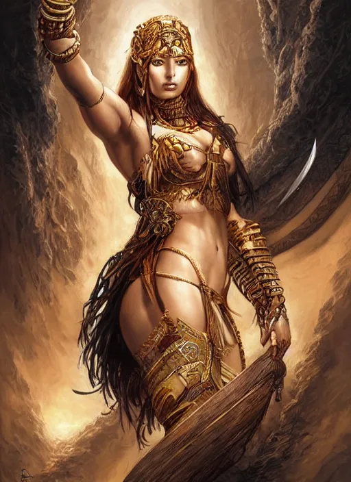 Image similar to a highly detailed symmetrical painting of a female amazon warrior with piercing beautiful eyes in dark tomb setting, dynamic lighting, ambient lighting, deviantart, art by artgerm and karol bak and mark brooks