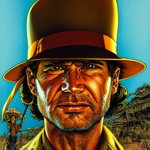 Prompt: portrait closeup of crazy indiana jones, symmetrical, by yoichi hatakenaka, masamune shirow, josan gonzales and dan mumford, ayami kojima, takato yamamoto, barclay shaw, karol bak, yukito kishiro