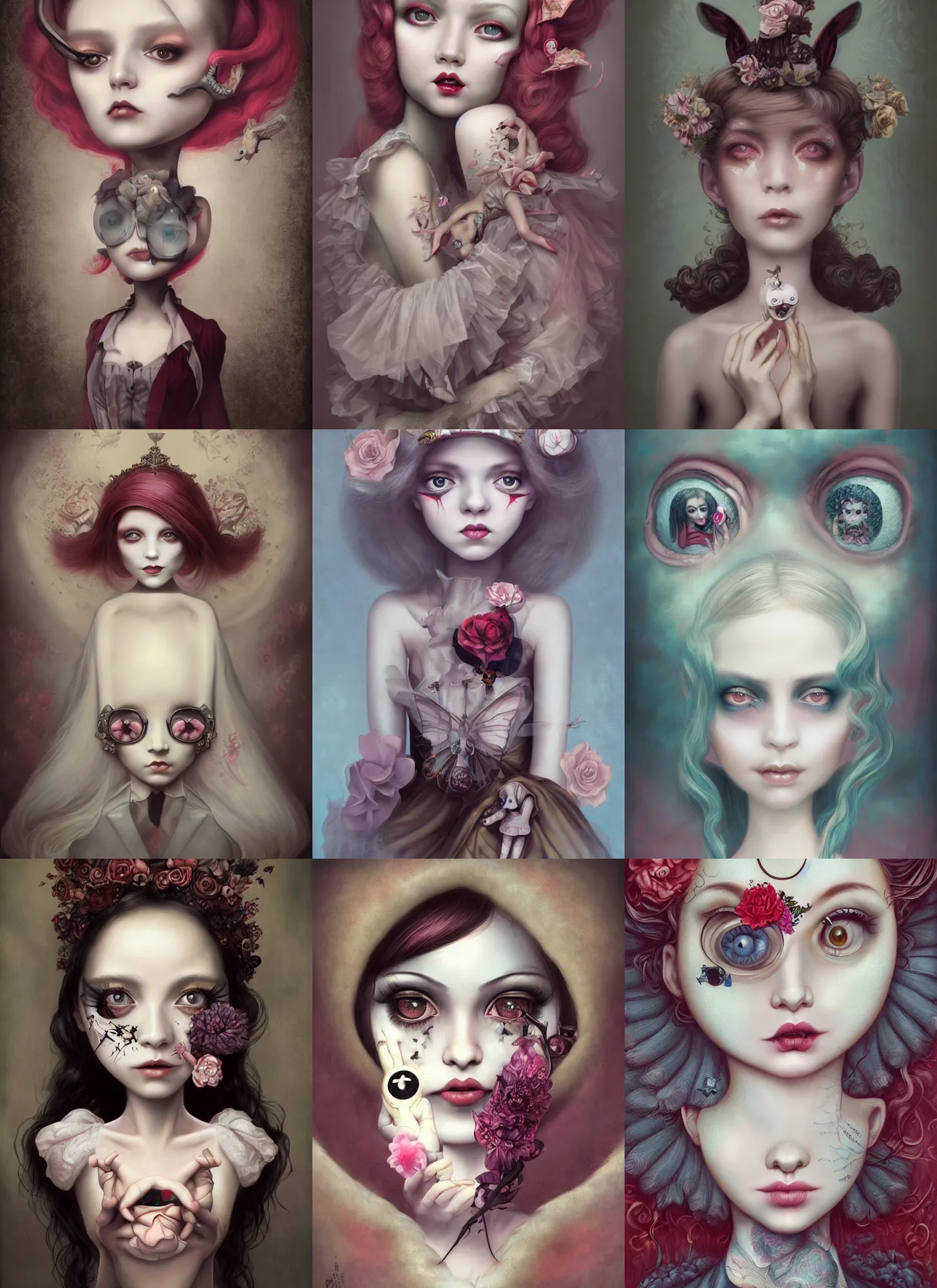 Prompt: very sinister smiling intelligent girl looking right at me, pop surrealism, lowbrow art, realistic haute couture painting, japanese street fashion, hyper realism, muted colours, rococo, natalie shau, loreta lux, tom bagshaw, mark ryden, trevor brown style,