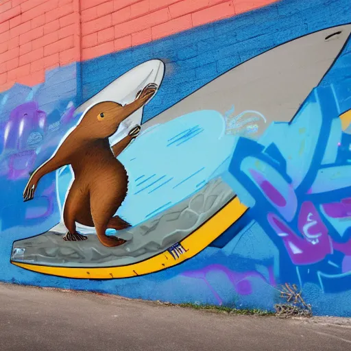 Image similar to photo of a graffiti mural of an anthro otter surfing, graffiti, mural, street art, anthro otter, furry art, furaffinity, 4 k