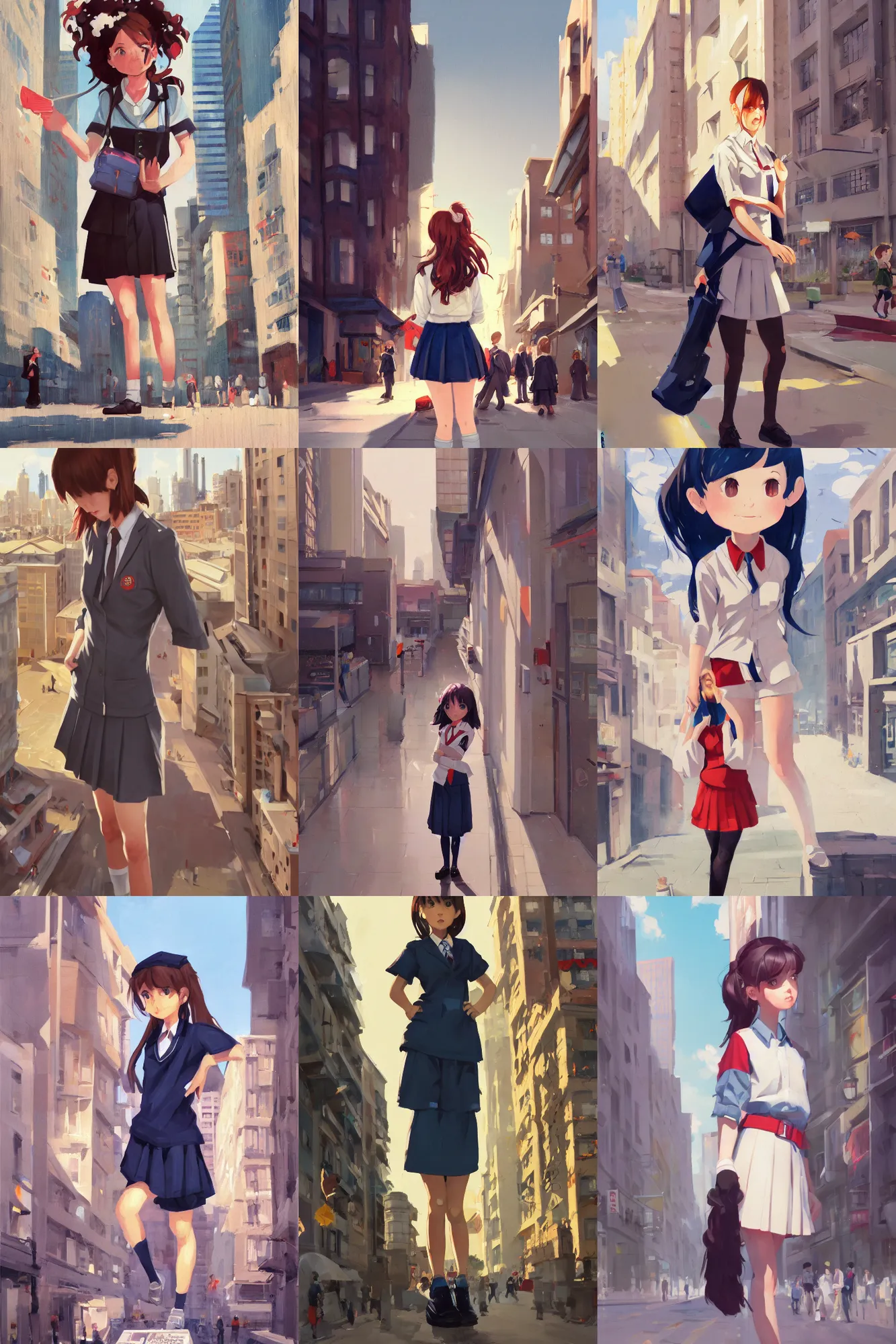 Prompt: gouache of a cute giantess wearing school uniform standing in the city, 8 k wallpaper, strong brush stroke, very high detailed, sharp focus, illustration, morandi color scheme, art station, by krenz cushart