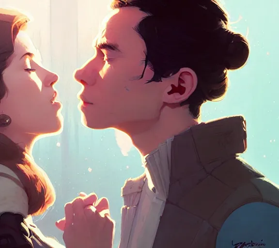 Image similar to portrait of han kissing leia by atey ghailan, by greg rutkowski, by greg tocchini, by james gilleard, by joe fenton, by kaethe butcher, dynamic lighting, gradient light blue, brown, blonde cream and white color scheme, grunge aesthetic