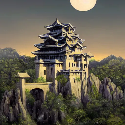 Prompt: Brutalist Japanese castle by Gaudi, Eden at Dawn, amazing cinematic concept painting, by Jessica Rossier , Gleaming White, overlooking a valley, Himeji Rivendell Garden of Eden, wildflowers and grasses, terraced orchards and ponds, lush fertile fecund, fruit trees, birds in flight, animals wildlife