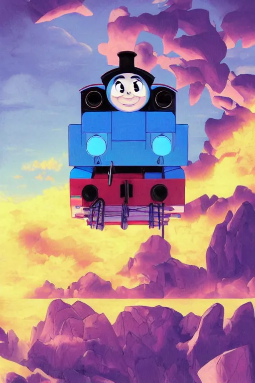 Image similar to concept art painting of a demonic thomas the tank engine, artgerm, moebius, inio asano, toon shading, cel shading, calm, tranquil, vaporwave colors,