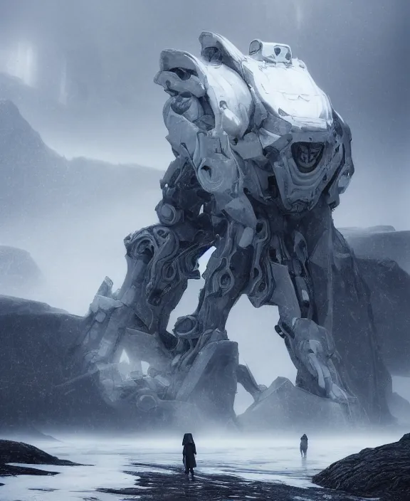 Prompt: surreal romantic prometheus horizontal white ancient mecha building architecture by ruan jia, futuristic blame, white architecture in the beach in iceland, foggy, highly detailed, digital painting, arstation, concept art, hyperealistic octane render, unreal engine