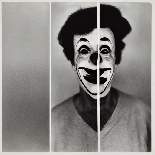 Image similar to portrait of a clown by Diane Arbus, 88mm, black and white photography