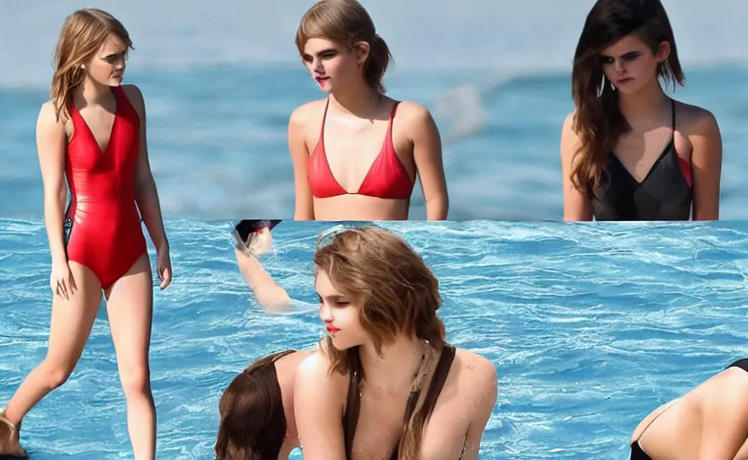 Image similar to emma watson+taylor swift+selena gomez swim together