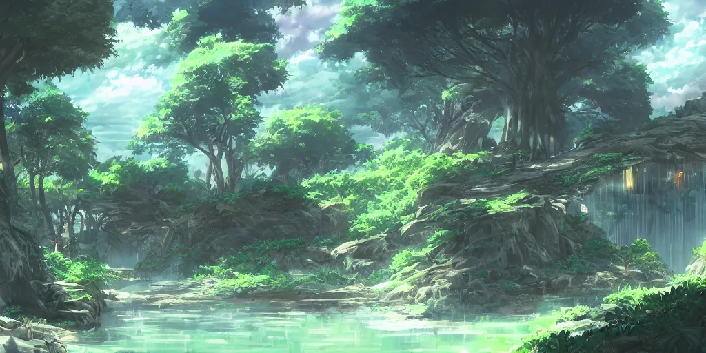 Image similar to Anime environment, huge jungle, animals, simple, rough draft, sketch, muted colors, 8k, trending on artstation