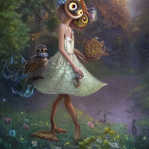 Image similar to an anthropomorphic Owl Girl wearing a sundress and a tiara, garden, summer, 8k resolution matte fantasy painting, cinematic lighting, DeviantArt, Artstation, Jason Felix Steve Argyle Tyler Jacobson Peter Mohrbacher