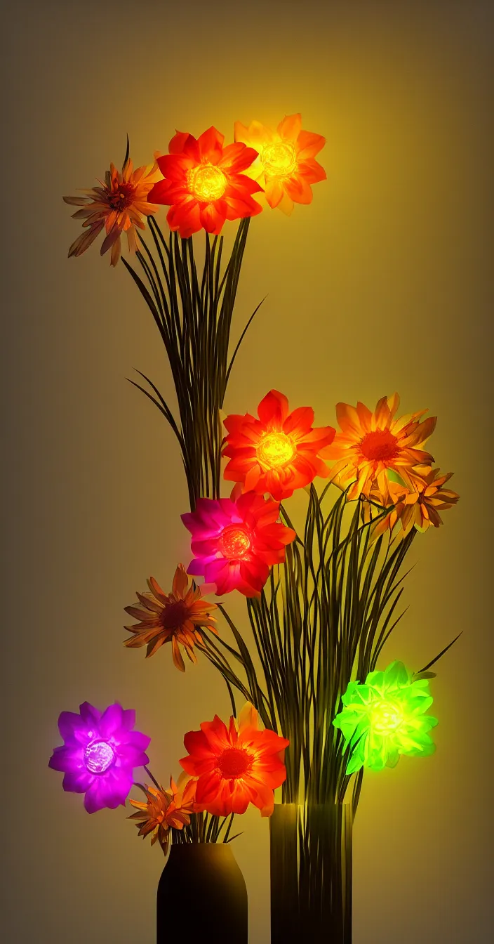 Prompt: realistic photo of beautiful glowing flowers in vase, sharp focus, smooth dark background, wide angle shot, very hyper realistic, highly detailed, fantasy art station