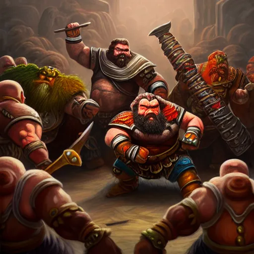 Image similar to painting of a dwarven berserker fighting a crew of crazy goblin warriors, sharp focus, high coherence, award - winning, trending on artstation, masterpiece, highly detailed, intricate. art by christopher rush