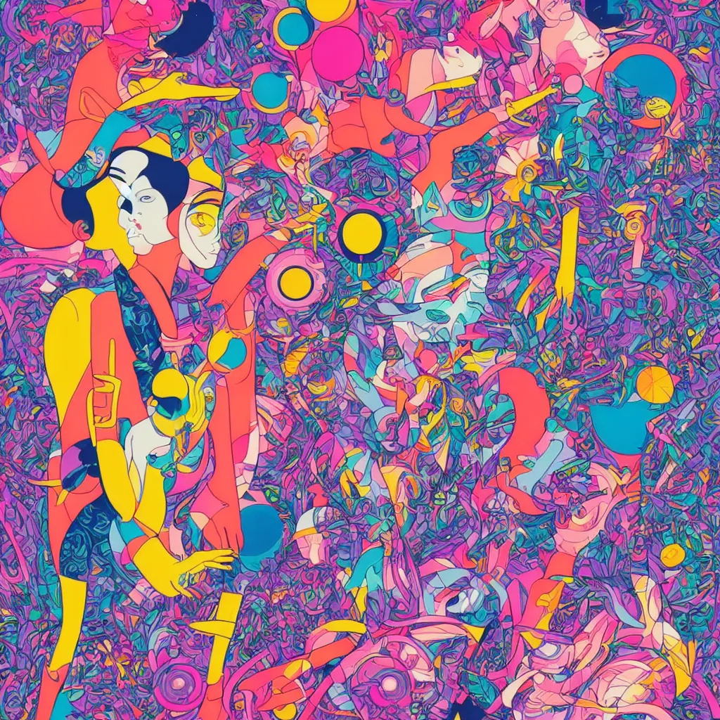 Image similar to futuristic disco, colors and shapes by tristan eaton and james jean, chiho aoshima color scheme