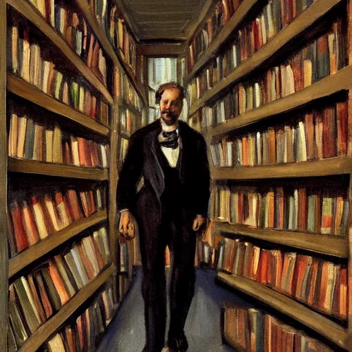 Prompt: a painting of a man in a suit in a city of bookshelves by harriet backer, trending on artstation