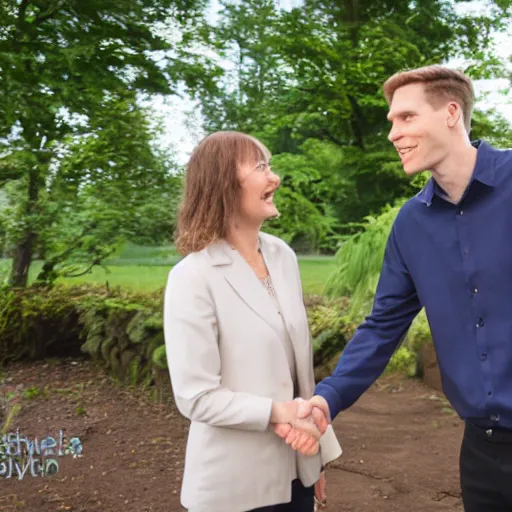 Image similar to jerma985 excitedly shaking hands with Cathy Mitchell, wide shot, 4k, professional photography, editorial, detailed, film still