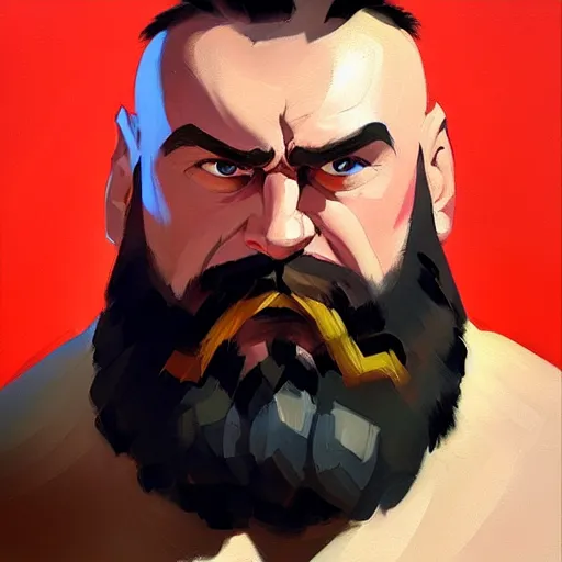 Prompt: Greg Manchess portrait painting of Zangief as Overwatch character, medium shot, asymmetrical, profile picture, Organic Painting, sunny day, Matte Painting, bold shapes, hard edges, street art, trending on artstation, by Huang Guangjian and Gil Elvgren and Sachin Teng