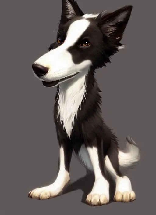 Image similar to beautiful full body character portrait of a cute male anthropomorphic border collie fursona wearing a suit. character design by disney, charlie bowater, ross tran, artgerm, and makoto shinkai, detailed, soft lighting, rendered in octane