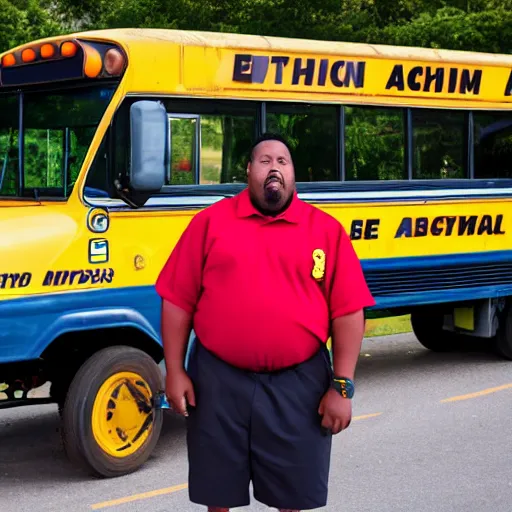 Image similar to overweight african american male school bus driver with dreads, wearing shorts with chubby legs, big moe, symmetric face, photo, posing in front of schoolbus