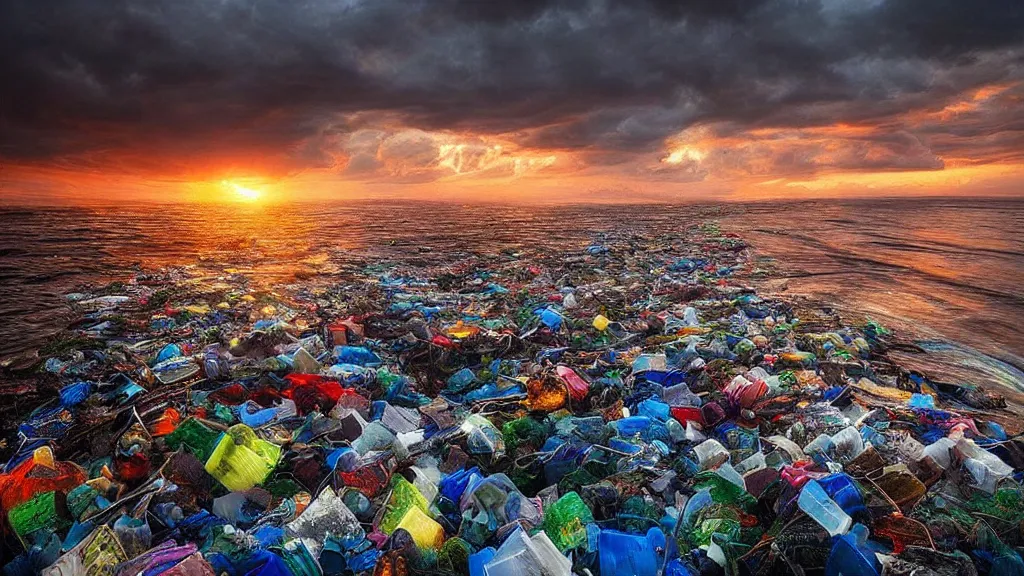 Image similar to amazing landscape photo of garbage patch, sunset by marc adamus, beautiful dramatic lighting