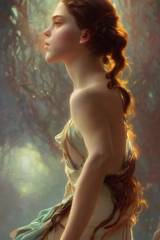 Prompt: portrait of a young teen model looking moved and touched, upper body, fantasy, intricate, elegant, highly detailed, digital painting, artstation, concept art, matte, sharp focus, illustration, art by Artgerm and Greg Rutkowski and Alphonse Mucha