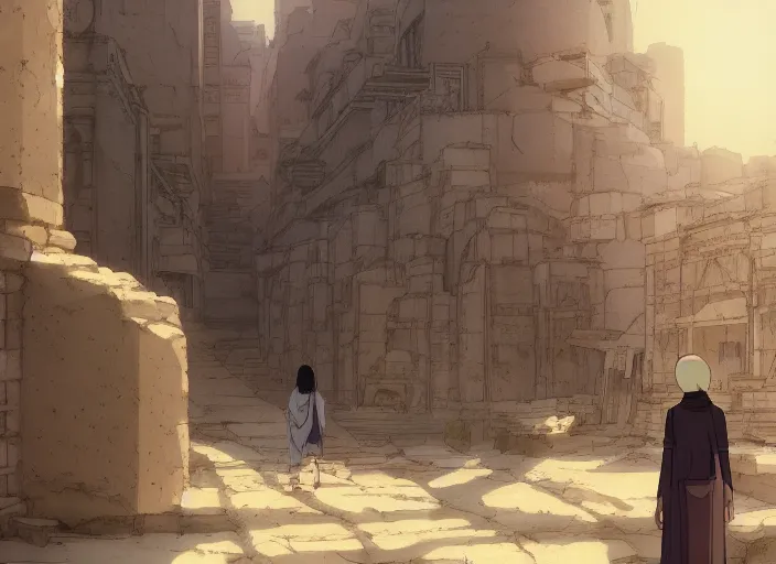 Prompt: An old egyptian city in the desert, peaceful and serene, incredible perspective, soft lighting, anime scenery by Makoto Shinkai and studio ghibli, very detailed