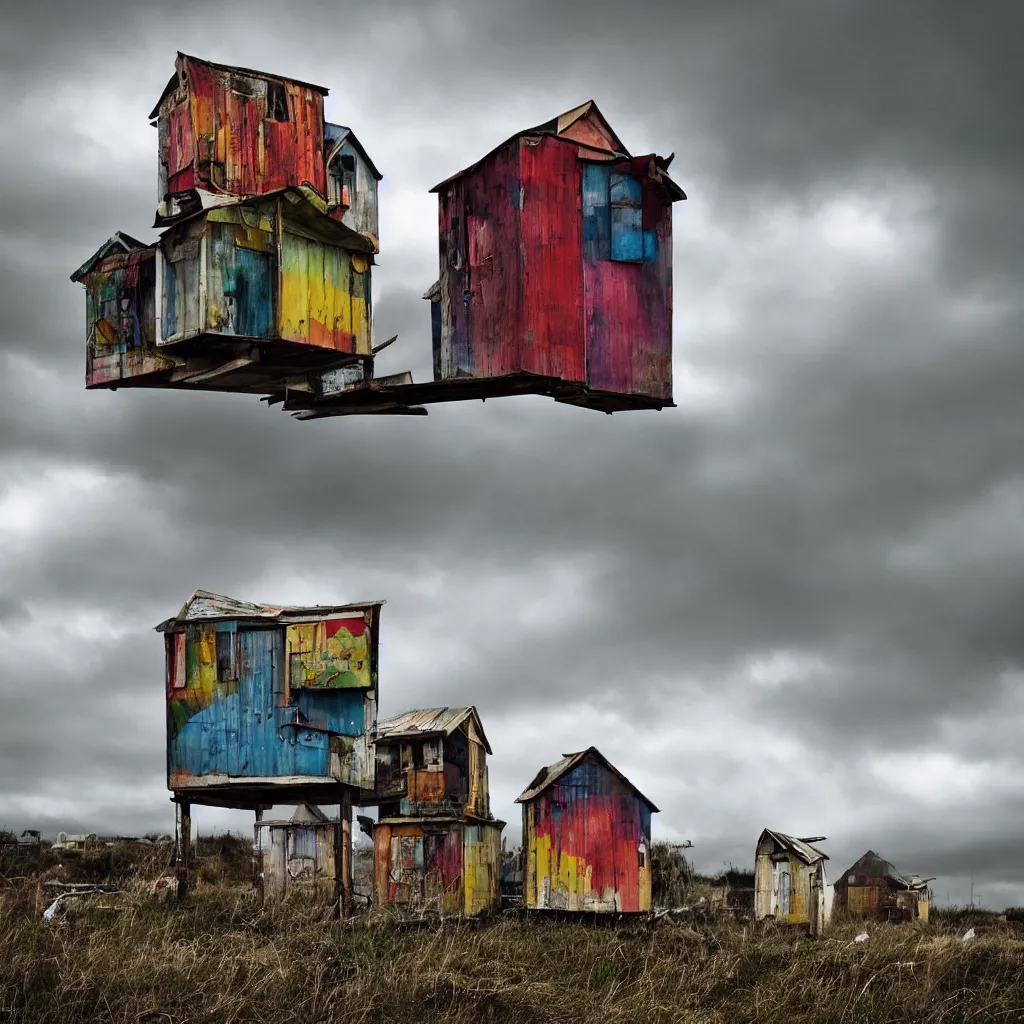 Image similar to a tower made up of colourful makeshift squatter shacks, bleached colours, moody cloudy sky, dystopia, mamiya, very detailed, photographed by cristina de middel