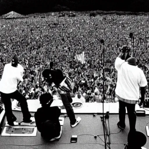 Image similar to public enemy the hip hop group playing at woodstock 1969 on stage