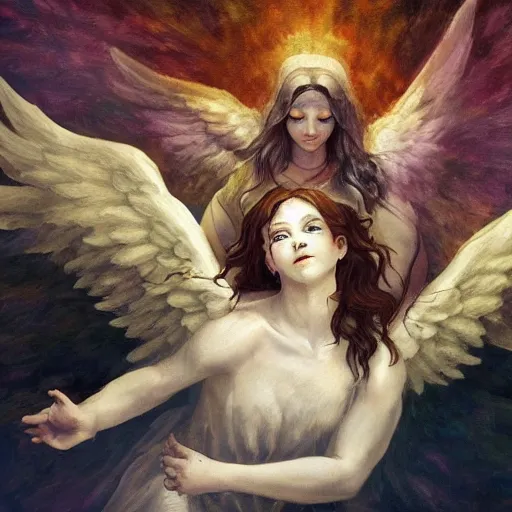 Image similar to an angel partially overlapping a demon, fusing in the middle