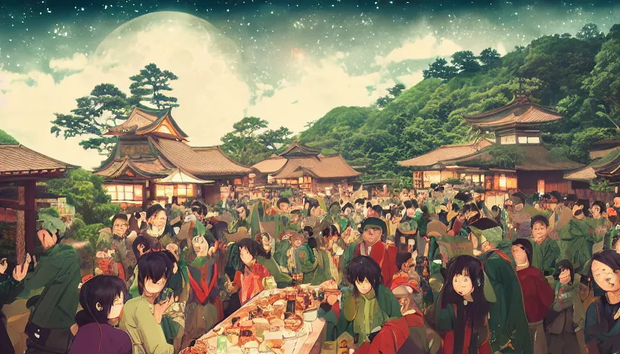 Prompt: party in a japanese village built in green mountains, fireplace, banquet, fireworks, lights at night, moon, manga style, hyperdetailed, artstation, cgsociety, 8 k