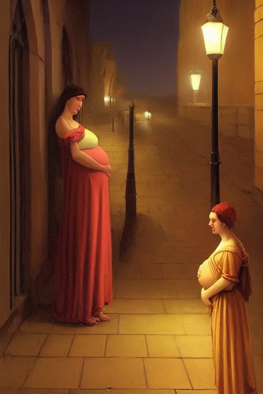 Image similar to pregnant woman under street light, highly detailed, sharp focused, ultra realistic digital concept art by Edmund Blair Leighton