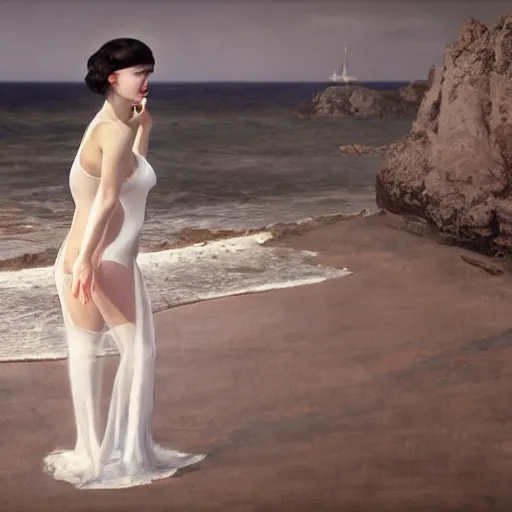 Image similar to a beautiful woman in an elegant see-thru white dress, wearing a black bikini underneath, 1920s, by Ilya Repin and WLOP, 8k octane render