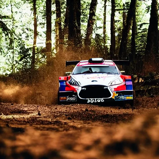 Image similar to close up of rally racing car in forest, cinematographic shot, cartoon