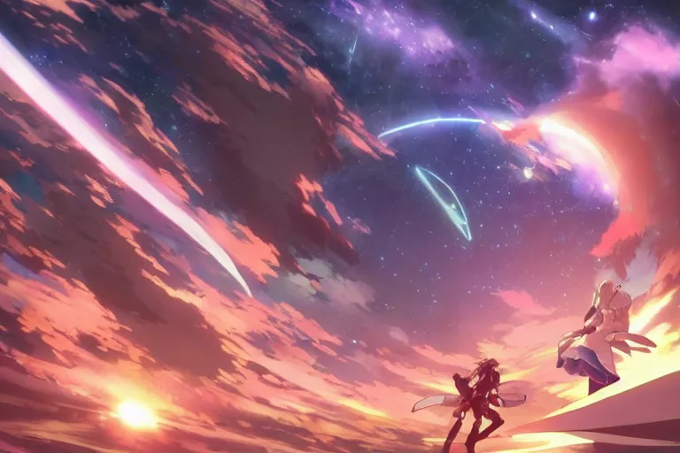 Prompt: Tonemapped Shonen protagonist!! splitting a gas giant in half like Parting of the Red Sea, with pack of Space Whales fly through an interdimensional rift! in background by (Hiromu Arakawa), Makoto Shinkai and (Cain Kuga)