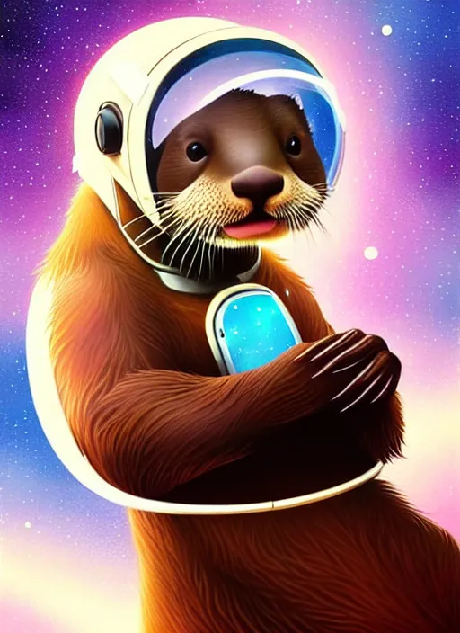Image similar to a portrait of a cute otter with a space helmet, swimming through a beautiful galaxy!!!, detailed, artstation, art by rhads and miyazaki