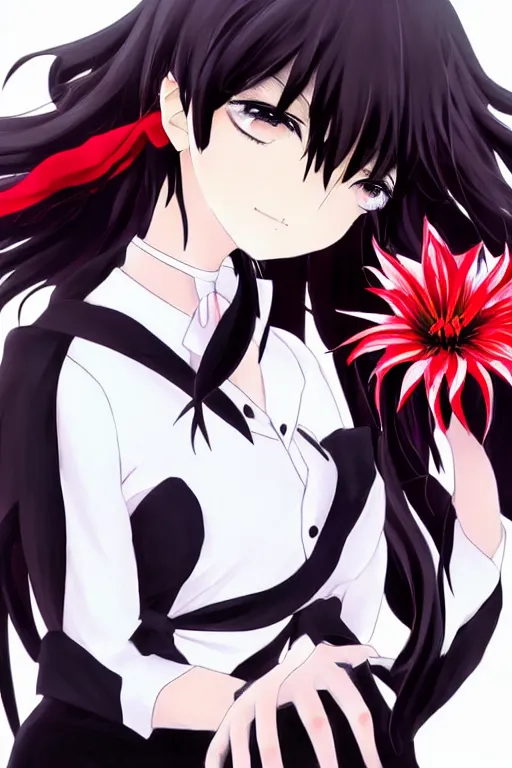 Image similar to Key anime visual of a beautiful girl with black hair and red eyes holding a spider lily; wearing white blouse with black tie; trending on Pixiv; digital art